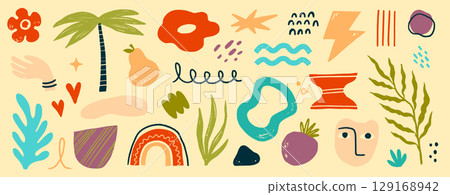 Abstract shape vector graphic set. Abstract graphic design flower, face, blob shape for modern poster, summer sticker icon element pack. Crayon texture scribble modern background. Vector 129168942