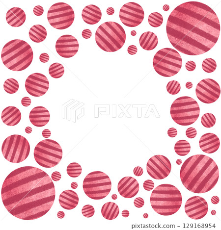 Playful circular frame made of watercolor striped balls in red tones. Perfect for decorative layouts, baby shower invitations, greeting cards, scrapbook designs, and minimalist graphic compositions 129168954