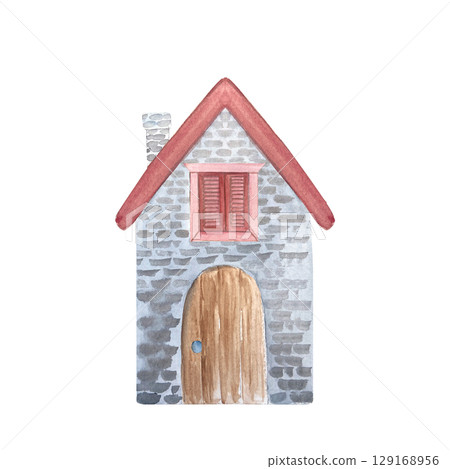Stone house with a red roof, wooden door, closed window with red shutters, and chimney watercolor art isolated on white. Perfect for fairytale maps, children books, rural scenes, rural architecture Stone house with a red roof, wooden door, closed window with red shutters, and chimney watercolor art isolated on white. Perfect for fairytale maps, children books, rural scenes, rural architecture 129168956