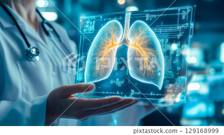 A doctor carefully examines a virtual lung x-ray projection with focused attention. The integration of advanced technology in medical diagnostics. Generative AI. 129168999