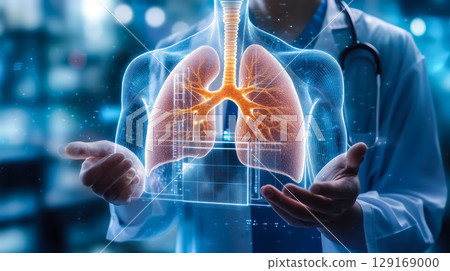 A doctor carefully examines a virtual lung x-ray projection with focused attention. The integration of advanced technology in medical diagnostics. Generative AI. 129169000