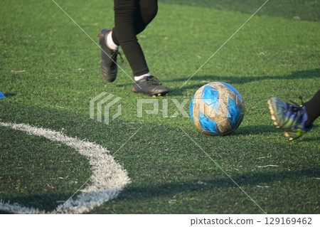 artificial green grass turf sport soccer field with training football skill equipment 129169462