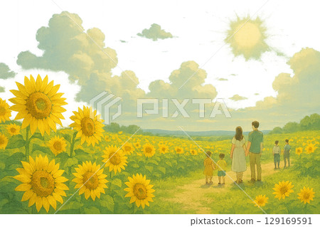 Parent and child walking in a sunflower field 129169591
