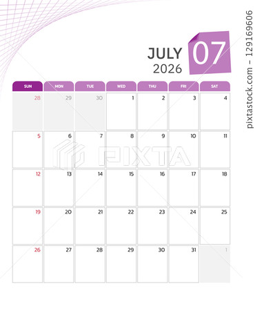 July 2026 Calendar. Week start on Sunday. Desk calendar 2026 design, simple and clean design, Wall calendar for print, digital calendar, Corporate design planner template vector. July 2026 Calendar. Week start on Sunday. Desk calendar 2026 design, simple and clean design, Wall calendar for print, digital calendar, Corporate design planner template vector. 129169606