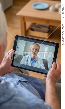 Elderly man tablet video call doctor telemedicine home consultation relaxed 129169638