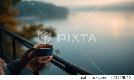 Person holding cup, peaceful morning, lake view, soft light, outdoor relaxation, tranquil mood 129169640