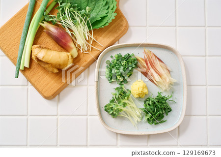 Assorted chopped condiments: ginger, myoga, shiso leaves, green onions, and daikon radish 129169673