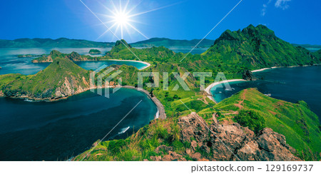 aerial view over the beautiful sunset in the mountains, madeira island, portugal. 129169737