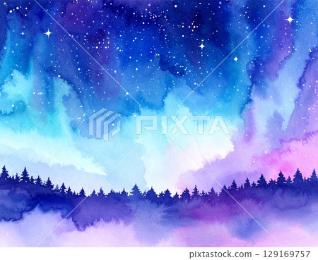 A fantastic watercolor-style background image with a shining star aurora light beam on a blue gradient background A fantastic watercolor-style background image with a shining star aurora light beam on a blue gradient background 129169757