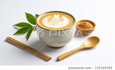 a cup of coffee with sugar and leaves 129169768