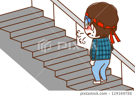 (Full-body rear view) A geek wearing glasses who is struggling to breathe while climbing stairs (Full-body rear view) A geek wearing glasses who is struggling to breathe while climbing stairs 129169788