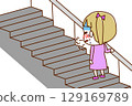 (Full-body rear view) A young Caucasian girl struggling to breathe while climbing stairs 129169789