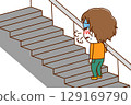 (Full-body rear view) A young Caucasian boy struggling to breathe while climbing stairs 129169790