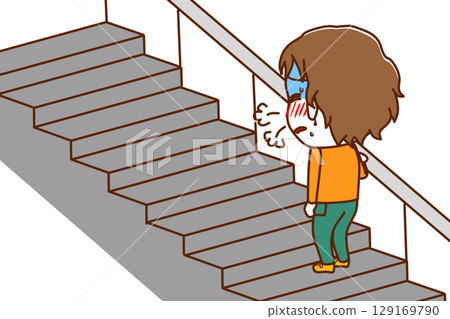 (Full-body rear view) A young Caucasian boy struggling to breathe while climbing stairs 129169790