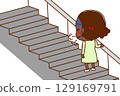 (Full-body rear view) An African-American girl struggling to breathe while climbing stairs 129169791