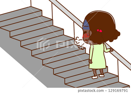 (Full-body rear view) An African-American girl struggling to breathe while climbing stairs 129169791