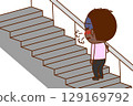 (Full-body rear view) An African-American boy struggling to breathe while climbing stairs 129169792