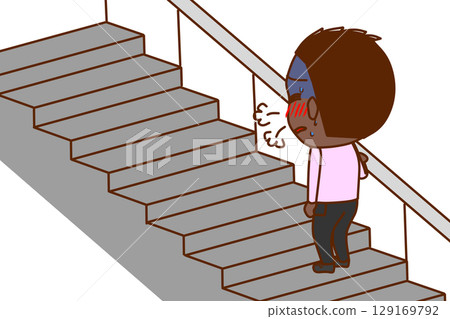 (全身後視圖)一名非裔美國男孩在爬樓梯時呼吸困難 (全身後視圖)一名非裔美國男孩在爬樓梯時呼吸困難 129169792