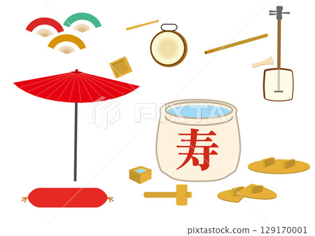 日本物品插圖：日本樂器、酒桶和雨傘 129170001