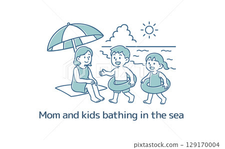 Mom and kids bathing in the sea 129170004