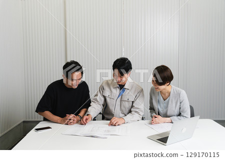 Construction site supervisor discussing with architect, architectural image 129170115