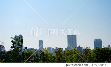 遠處的綠樹和東京的摩天大樓 129170340