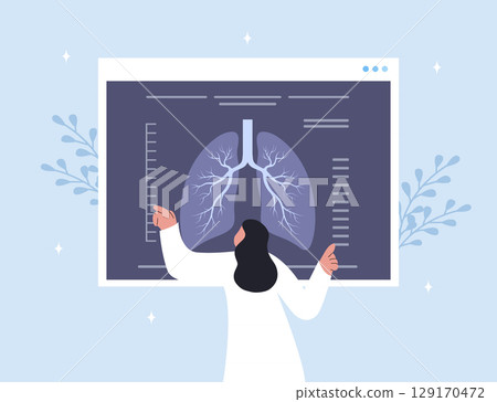 Pulmonology concept. Female doctor check X Ray scanning and fluorography. Health lungs check up. Vector illustration in flat cartoon style 129170472