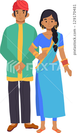 colorful indian couple in saree and kurta. indian couple in traditional dress standing together colorful indian couple in saree and kurta. indian couple in traditional dress standing together 129170481