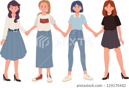 women standing together hand in hand showing support and friendship cartoon design 129170482