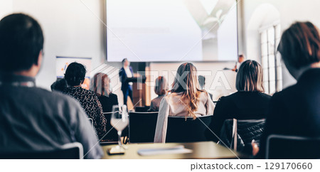 Interview and round table discussion at business convention and presentation. Audience at the conference hall. Business and entrepreneurship symposium. 129170660