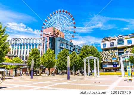 Yokohama cityscape in Japan - Early voting...View of Center Kita Station and the Tsuzuki Hankyu Ferris wheel. Early voting station sign Yokohama cityscape in Japan - Early voting...View of Center Kita Station and the Tsuzuki Hankyu Ferris wheel. Early voting station sign 129170799