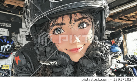 A female rider smiles after putting on her new helmet 129171024
