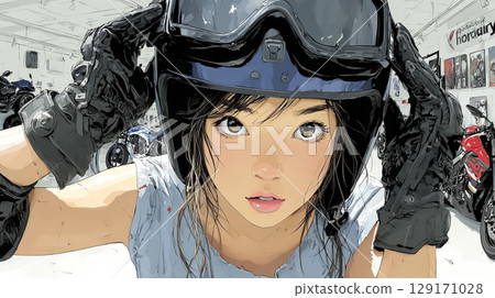 Motorcycle helmet fitting scene: A female rider with a serious expression Motorcycle helmet fitting scene: A female rider with a serious expression 129171028