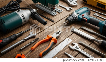 set of tools on wooden background 129171189