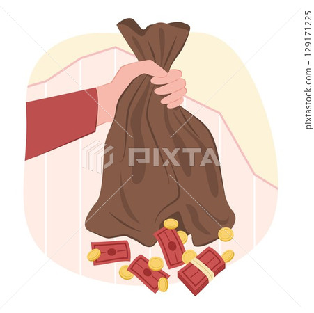 Human Hand Holding Ripped Money Bag and Losing Money Bundle with Coins Spilling Out for Bankruptcy, Financial Crisis and Recession Concept Illustration Clip Art  129171225