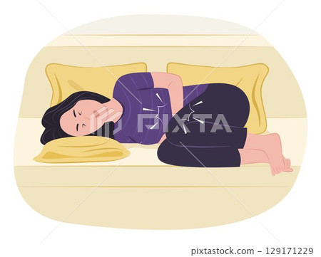 Woman Lying in Bed and Suffering from Stomachache for Menstrual Pain Concept Illustration 129171229