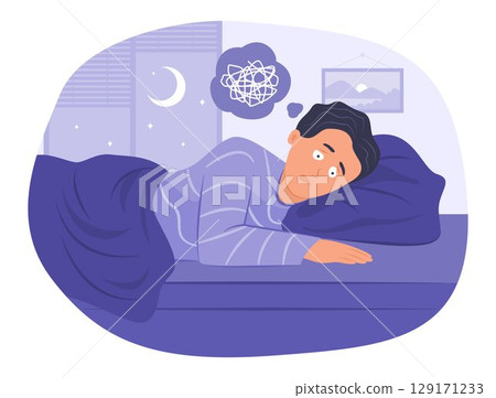 Insomnia Man Lying in Bed with Stress and Confused Feeling for Sleepless Concept Illustration 129171233