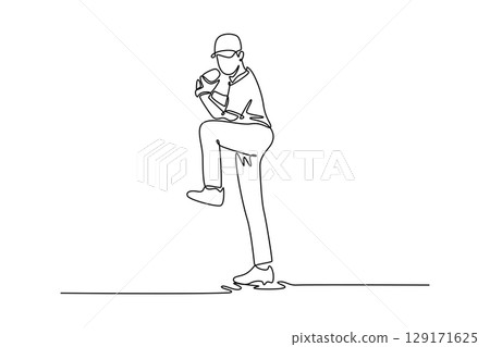 Continuous one line drawing young baseball player getting ready to pitch the ball during a game outdoors. Pitcher training workout for competition. Single line draw design vector graphic illustration 129171625