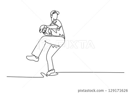 Continuous one line drawing young male baseball player throws the ball on green field. Aggressive sportsman playing softball as exercise or fitness. Single line draw design vector graphic illustration 129171626