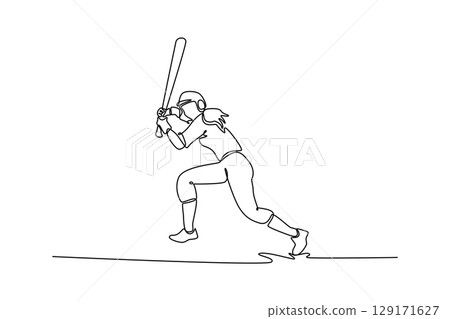 Continuous one line drawing female baseball player holding bat with strong arm muscle, waiting for hit the ball on pitch. Athlete ready for match. Single line draw design vector graphic illustration 129171627
