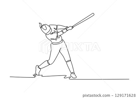 Continuous one line drawing baseball woman athlete swing the bat with speed on outdoor sport field. Softball player hit the ball on exercise ground. Single line draw design vector graphic illustration 129171628
