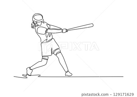 Continuous one line drawing baseball female player hit the ball on exercise ground in stadium. Softball athlete swing the bat. USA game competition. Single line draw design vector graphic illustration 129171629