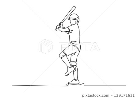Continuous one line drawing baseball female player in action on stadium. Softball batter waiting to strike the ball. Sports, team game, tournament. Single line draw design vector graphic illustration Continuous one line drawing baseball female player in action on stadium. Softball batter waiting to strike the ball. Sports, team game, tournament. Single line draw design vector graphic illustration 129171631