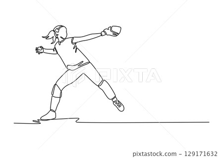 Continuous one line drawing attractive baseball player throws the ball on stadium. Female pitcher in competitive game on sport field for training. Single line draw design vector graphic illustration Continuous one line drawing attractive baseball player throws the ball on stadium. Female pitcher in competitive game on sport field for training. Single line draw design vector graphic illustration 129171632