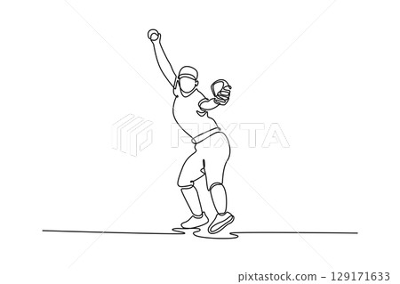 Continuous one line drawing baseball woman athlete focus on competition, pitcher training workout. Female softball player doing pitching challenge. Single line draw design vector graphic illustration 129171633