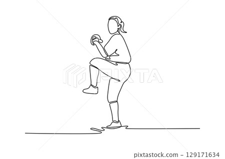 Single continuous line drawing female baseball player getting ready to pitch the ball during game outdoors. Pitcher training for match or competition. One line draw graphic design vector illustration Single continuous line drawing female baseball player getting ready to pitch the ball during game outdoors. Pitcher training for match or competition. One line draw graphic design vector illustration 129171634