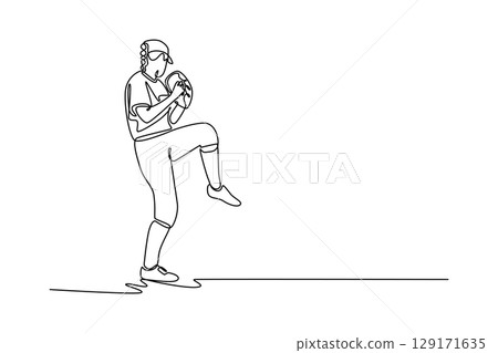 Continuous one line drawing back view female baseball player throws the ball on green field. Woman athlete playing softball as exercise or fitness. Single line draw design vector graphic illustration 129171635