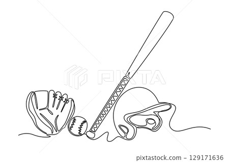 Single continuous line drawing baseball bat, batting helmet, ball and catcher's mitt on white background. Professional baseball gear equipment. Dynamic one line draw graphic design vector illustration Single continuous line drawing baseball bat, batting helmet, ball and catcher's mitt on white background. Professional baseball gear equipment. Dynamic one line draw graphic design vector illustration 129171636