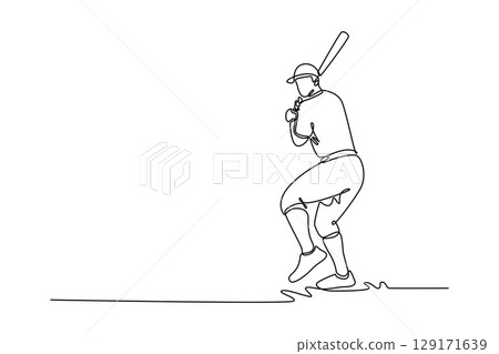 Single continuous line drawing baseball male player in action on stadium. Softball batter waiting to strike the ball. Sports, team game, competition. One line draw graphic design vector illustration Single continuous line drawing baseball male player in action on stadium. Softball batter waiting to strike the ball. Sports, team game, competition. One line draw graphic design vector illustration 129171639