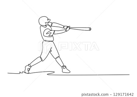Single one line drawing baseball male player hit the ball on exercise ground in stadium. Softball athlete swing the bat. USA game for training. Continuous line draw design graphic vector illustration 129171642